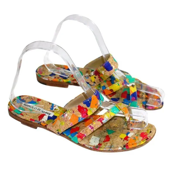Manolo Blahnik Susa Spatter Paint Cork Flat Sandal Size 6.5 - Picture 6 of 10